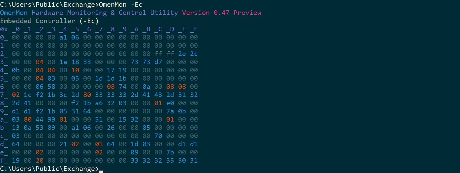 Command-line Embedded Controller register value table