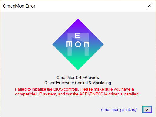 OmenMon Error Message Dialog